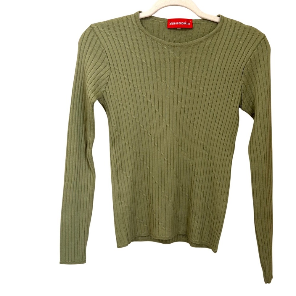 Alain Manoukian Vtg Y2K XS Sage Green Ribbed Merino Wool Blend Knit Sweater Top